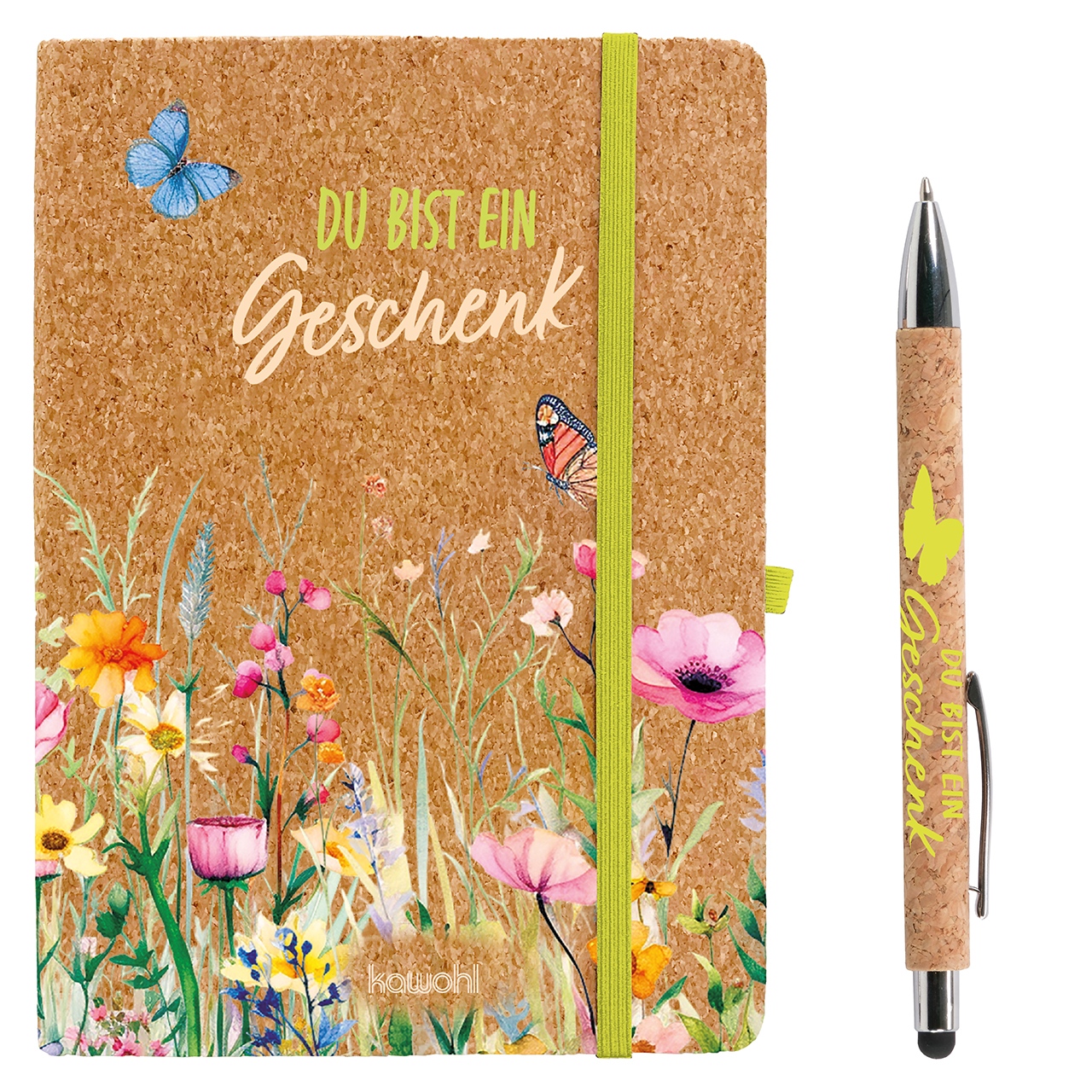 Set: Notizbuch Kork+Kugelschreiber "Du bist ein Geschenk"