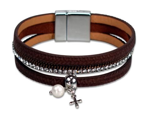 Armband mit Anhänger Perle und Kreuz - braun
